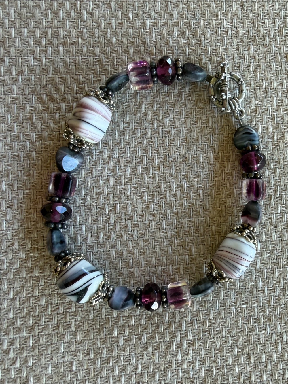 Handmade Purple and White Glass Bead Bracelet